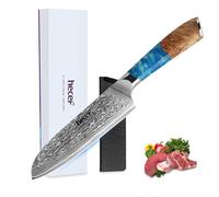 hecef Couteau Santoku 18 cm, couteau japonais professionnel avec protège-lame, manche ergonomique en résine, 67 couches d’acier de Damas, âme VG10, pour chefs et passionnés de cuisine