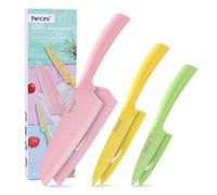 hecef Ensemble de 3 Couteaux de Cuisine avec étuis, Lame en Acier Inoxydable, Revêtement Antiadhésif Coloré, Santoku/Utilitaire/Couteau d'office, Cadeau