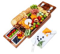 hecef Plateau à Fromage en Bois d'acacia, Plateau à Fromage avec 2 tiroirs coulissants, Ensemble de Couverts, Assiettes à goûter et Ardoise à Fromage en marbre, Planche à charcuterie pour Servir des