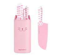 hecef Set Couteaux Cuisine 5 Pièces Rose - Design Patte de Chat Unique, Lame Large Acier Inoxydable Anti-adhésif, Manche Ergonomique Bicolore PP+TPR, Bloc à Couteaux Amovible, Idée Cadeau Cuisine