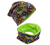 HECKBO Bonnet Monster Truck & Écharpe - 2-8 ans - 95% coton - Extensible - Polaire - Bonnet d’hiver fait main (48-54 cm)