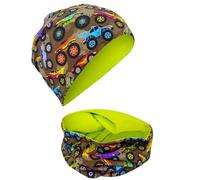 HECKBO Bonnet Monster Truck & Écharpe - Enfants 2-8 ans - 95% coton - Extensible - Doublure jersey - Bonnet d’hiver motif voiture fait main (48-54 cm)