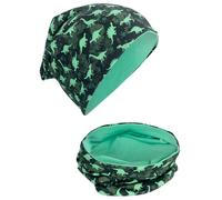 HECKBO Bonnet & Snood Enfant - Motif Dino - Bonnet réversible - 2-8 ans - Mélange coton - Compatible casque de vélo (48-54 cm)