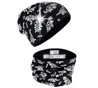 HECKBO Ensemble Bonnet & Écharpe Hiver, 360° Réflecteur avec Squelette de Dinosaure Réfléchissant - 95% Coton - matière extensible - 2-8 Ans, pour Fille & Garçon