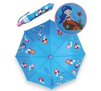 HECKBO Parapluie magique pour enfants Sirène - change de couleur quand il pleut - Parapluie pliant pour fille : s'adapte à tous les cartables - avec bandes réfléchissantes - poignée en bois