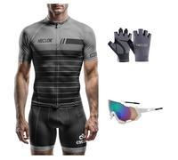 HECLOK Maillot de Cyclisme Homme Respirant + Short de Course avec Coussinet - Tenue Vélo Sportive Été - Ensemble VTT Route - Tissus Anti-Transpiration - Gants avec lunettes (Set-25,x_l)