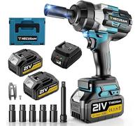 HECUSAM 1500Nm Clé à Chocs Sans Fil Brushless vec Deux Batteries 4,0 Ah, 5 Douilles à Chocs, 1/2" Boulonneuse à Choc Électrique 21 V pour Voiture Familiale/Camionnette/Tondeuse