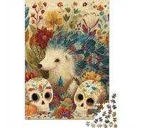 Hedgehog with Sugar Skulls and Flowers Puzzle 1000 Pièces Cadeau Unique Jeu Éducatif Défi Jouet À De Qualité Supérieure Peinture Art pour Adultes Et Enfants À Partir De 12 Ans 52x38cm/1000pcs