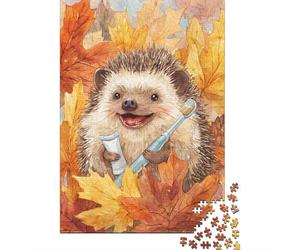 Hedgehog with Toothbrush and Fall Leaves Puzzle 1000 Pièces Educa Jouet en Bois Jeu D'Intelligence Décoration Intérieure Jeu Éducatif Challenge Toy Adultes & Enfants des 14 Ans 52x38cm/1000pcs