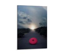 Hedlektio Impression sur toile représentant un parapluie rouge sur une longue route rurale - Décoration murale pour bureau - 20 x 30 cm
