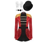 Hedmy Costume Cirque Ringmaster Femme Déguisement De Dompteuse Paillettes Brillant Combinaison Justaucorps Costume Carnaval Halloween S-4XL Rouge XXL