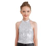 Hedmy Enfant Fille Haut Court De Danse Disco sans Manche T-Shirt Paillettes Brillant Tenue Jazz Hip-hop Fête Spectacle Dancewear Argenté 13-14 Ans
