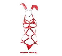 Hedmy Femme Harnais De Corps Cuir Verni Punk Chaîne Bandage Cuir Verni Costume Lapin Punk Corps Gothique Clubwear Rouge Taille unique