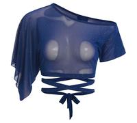 Hedmy Femme Haut De Danse Orientale Cardigan De Danse du Ventre Crop Top Une épaule Manche Court Bleu Royal M