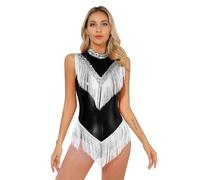 Hedmy Justaucorps De Danse Classique Femme Brillant Métallique Leotard De Latin Jazz Salsa Rumba Bodysuit Franges Sans Manche Costume Compétition Noir L