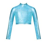 Hedmy Paillettes T-Shirt à Manches Longues Enfant Fille Haut De Danse Gymnastique Jazz Moderne Crop Top Dancewear 5-16 Ans Turquoise 7-8 Ans