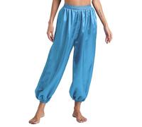 Hedmy Pantalon Danse du Ventre Femme Satin Pantalon Bouffante Taille élastique Tenue Danse Orientale Belly Dance Yoga Bleu Ciel M