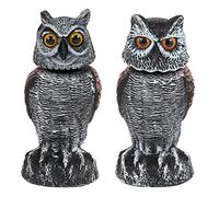 Hedoc Lot de 2 leurres de chouettes artificielles pour effrayer les oiseaux loin des jardins et des terrasses, répulsif à tête rotative, 27 cm, statue de hibou ennemi nature en plastique, répulsif