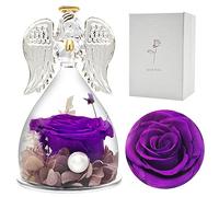 heekim Rose Eternelle, Rose sous Ange Gardien, Cadeau Anniversaire Femme, Cadeau Belle Mere/Grand Mere, Cadeau Maman Noël, Fleurs Eternelles avec Ange Figurine, Cadeau Femme (Violet)