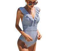 heekpek Maillot de Bain 1 Pièce Femme Ensembles Col V Monokini Sexy Amincissant Sexy Bikini Imprimé Vetement de Plage Bikini Vintage Maillot de Bain Volant, Bleu, Taille M
