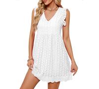 heekpek Robe Ete Femme Coton Col V Robe Courte sans Manches à Volants Boheme Chic et Elegant Légère Short Robes de Plage avec Poches, Blanc, L