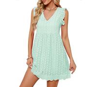 heekpek Robe Ete Femme Coton Col V Robe Courte sans Manches à Volants Boheme Chic et Elegant Légère Short Robes de Plage avec Poches, Vert, L