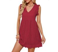 heekpek Robe Ete Femme Coton Col V Robe Courte sans Manches à Volants Boheme Chic et Elegant Légère Short Robes de Plage avec Poches, Bordeaux, L