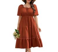 HEEKPEK Robe Longue Été Femme Grande Taille Robe Manches Courtes Col Carré Chic et Elegant Robes Fluide D'été Taille Haute Élastique Robe Ample Décontractée de Plage XL-9XL (Terracotta, XXL)