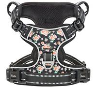 HEELE Harnais Chien, Harnais Chien Anti Traction, Réfléchissant, avec Poignée Rembourrée Contrôl, 2 Anneaux Métal, Harnais pour Petit Moyen et Grand Chien, Fleur-Noir, L