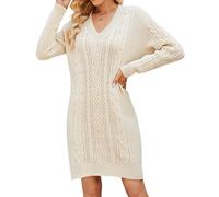 Heersan Robe Pull Femme Elégant Robe Tricoté Longue Col V Automne Hiver Tunique Chic Elástique Pull Femme Slim Fit Couleur Unie