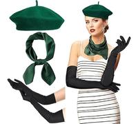 HEEZOU Ensemble d'accessoires vintage pour femme sur le thème français - Bérets en laine, bonnet, écharpe en satin et gants longs - Costume de fête à thème français - Écharpe et gants, Ensemble de