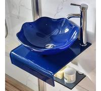 HEFJIAYCIQ Lavabo En Verre Trempé, Lavabo Rond Mural Pour Vestiaire/Salle De Bain, Support En Acier Inoxydable Avec Robinet Et Vidage Combinés,Blue 2,42cm