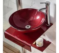 HEFJIAYCIQ Lavabo En Verre Trempé, Lavabo Rond Mural Pour Vestiaire/Salle De Bain, Support En Acier Inoxydable Avec Robinet Et Vidage Combinés,Red 1,31cm