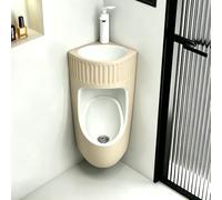 HEFJIAYCIQ Urinoirs Pour Hommes Anti-Éclaboussures Avec Robinet, Urinoirs Muraux En Céramique À Usage Professionnel Avec Lavabo, Gain De Place Pour La Salle De Bains,Beige,33x24x71cm