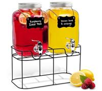 HEFTMAN Distributeur de boissons en verre avec robinet - 2 x 4 litres | Distributeur de boissons Mason Jar avec robinet étanche et support en fil métallique