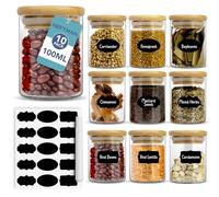 HEFTMAN Lot de 10 pots à épices en verre borosilicate avec couvercles en bambou et joint hermétique pour épices, herbes, thé, café, riz - Pots à épices de cuisine avec étiquettes et stylo