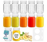 HEFTMAN Lot de 12 mini bouteilles vides de 60ml en verre avec couvercles | pour shots de gingembre avec brosse de nettoyage et étiquettes, réutilisables, transparentes, hermétiques