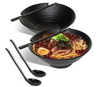 HEFTMAN Lot de 2 Bol Ramen Japonais - Bol a Ramen en Plastique Réutilisable de 1000ml, Lavable au Lave-Vaisselle, Bols Ramen pour Soupe, Salade, Pâtes, nouilles - Avec Cuillères et Baguettes (Noir)