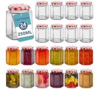 HEFTMAN Lot de 24 Pots Confiture en Verre avec Couvercles Hermétiques - 250ml - Forme Hexagonale avec Couvercles Vichy Rouge - Pot de Confiture Vide, Bocaux en Verre pour la Fabrication de Bougies