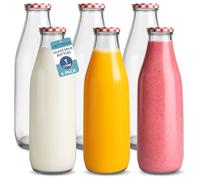 HEFTMAN Lot de 6 bouteilles de lait en verre avec couvercles - 1 litre vides hermétiques avec couvercles vichy rouges pour boissons, HM3755