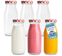 HEFTMAN Lot de 6 mini bouteilles de lait en verre Vides 250 ml Couvercles vichy rouges Pour boissons et décoration Rétro Mariages et barbecues