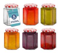 HEFTMAN Lot de 6 petits bocaux en verre avec couvercles, hermétiques, 250 ml, bocaux à confiture avec couvercle rouge en gingham, à utiliser comme bocaux de mise en conserve, bocaux en verre pour la