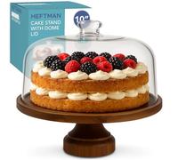 HEFTMAN Présentoir à gâteau 25,4 cm avec couvercle dôme - 2 en 1, support à gâteau antidérapant en bois d'acacia avec dôme en acrylique transparent
