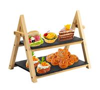 HEFTMAN Presentoir Aperitif Buffet à 2 Étages en Ardoise (32cm x 41cm) | Plateau de Service Presentation Gateau Rustique Pliable pour Thé de L'après-Midi - Desserts, Gâteaux, Fromages, Tapas