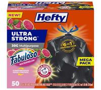 Hefty Lot de 50 grands sacs poubelle ultra résistants de 100 litres, polyvalents, résistants à la casse, à cordon de serrage, aux fuites, aux perforations et aux déchirures, noir, parfum pastèque