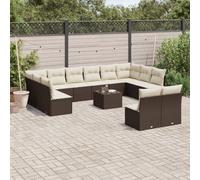 HEFZGDB Ensemble de canapé de jardin 13 pièces avec coussins en rotin synthétique marron, 4 coussins, groupe de canapé en rotin synthétique avec espace de rangement et plateau en verre, design