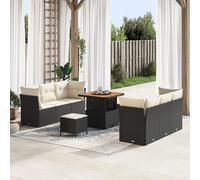 HEFZGDB Ensemble de canapé de jardin 9 pièces avec coussins en polyrotin noir et bois d'acacia, canapé d'angle droit, table ottoman, pour terrasse, balcon