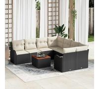 HEFZGDB Ensemble de canapé de jardin modulaire 9 pièces en polyrotin noir crème avec espace de rangement et sac imperméable, comprend table, sièges d'angle et coussins pour terrasse, meubles de jardin