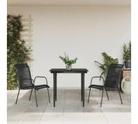 HEFZGDB Ensemble de salle à manger de jardin noir 3 pièces en acier et textilène avec chaises et plateau en verre. Profitez d'un repas agréable ou de votre thé de l'après-midi dans votre