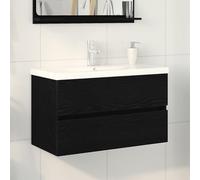 HEFZGDB Meuble de lavabo avec lavabo en céramique intégré en bois de chêne noir, design moderne de salle de bain avec deux grands tiroirs pour un espace de rangement et un entretien facile